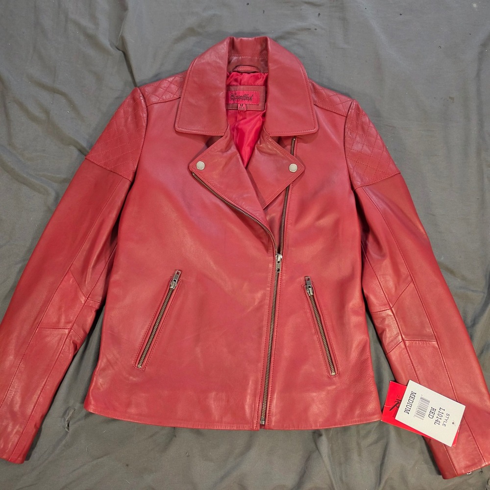 Excelled Collection Red Leather Biker Moto Jacket Quilted Style L1014L Medium